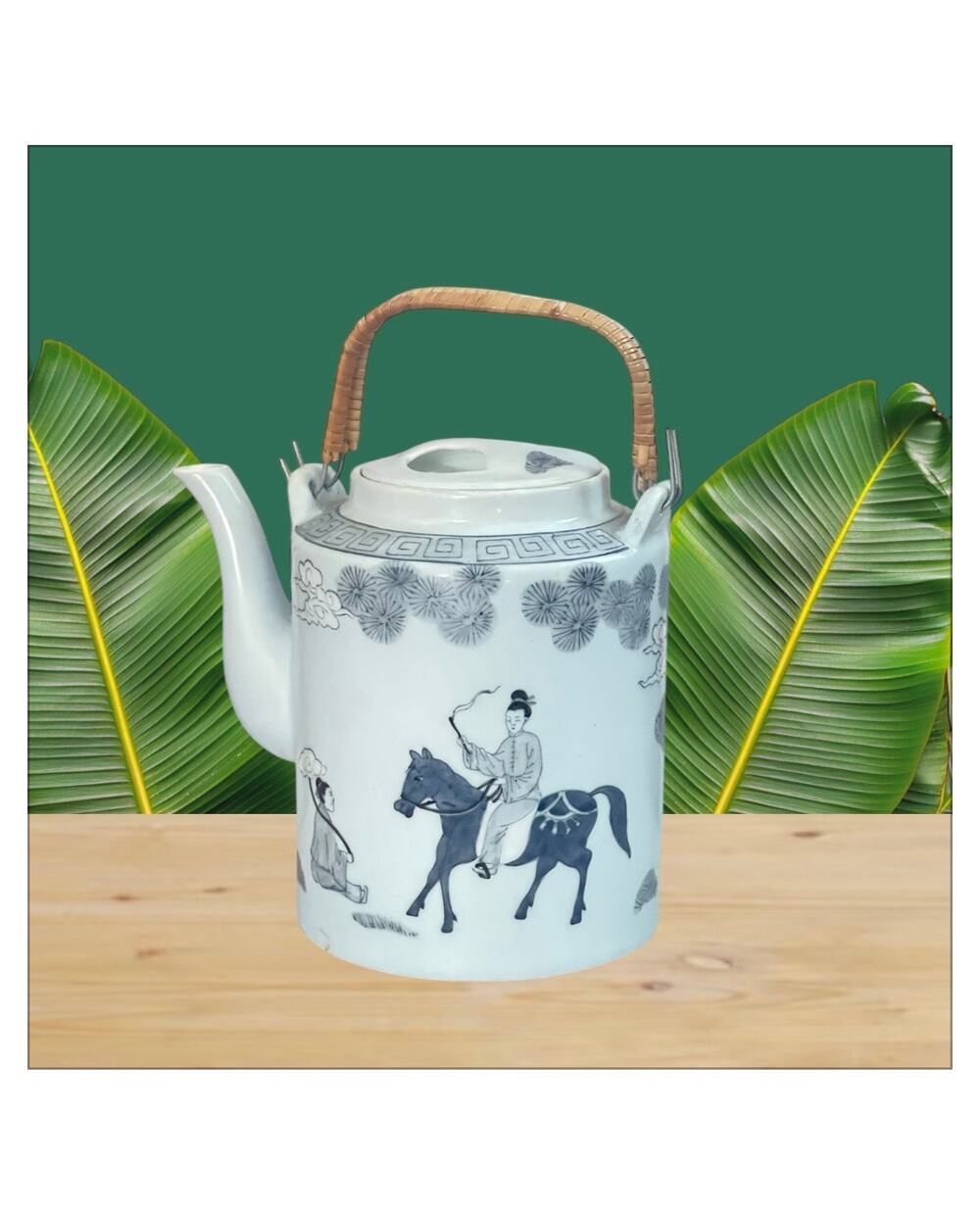 Hong Kong Porcelain Teapot Bamboo Handle Kite Drum Hand Painted